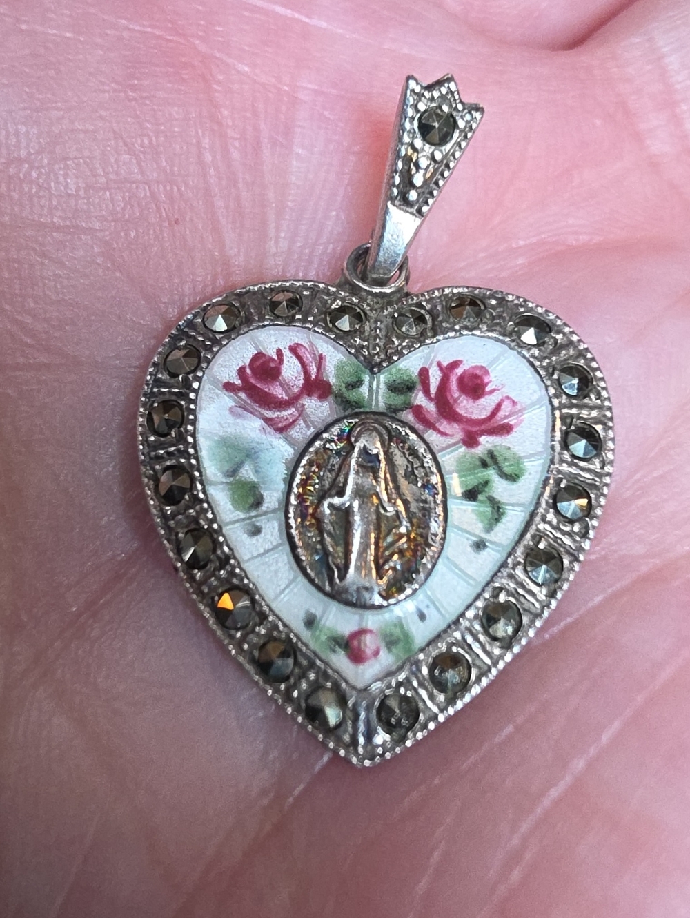 Vintage Sterling Silver Marcasite Miraculous Medal Heart Pendant ▪︎ 3.93 G TW ❤️